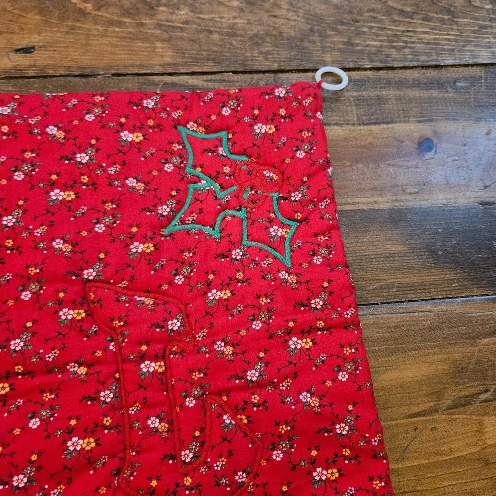 VTG Handmade Quilted JOY Christmas Wall Hanging Holly Holiday Fabric Banner